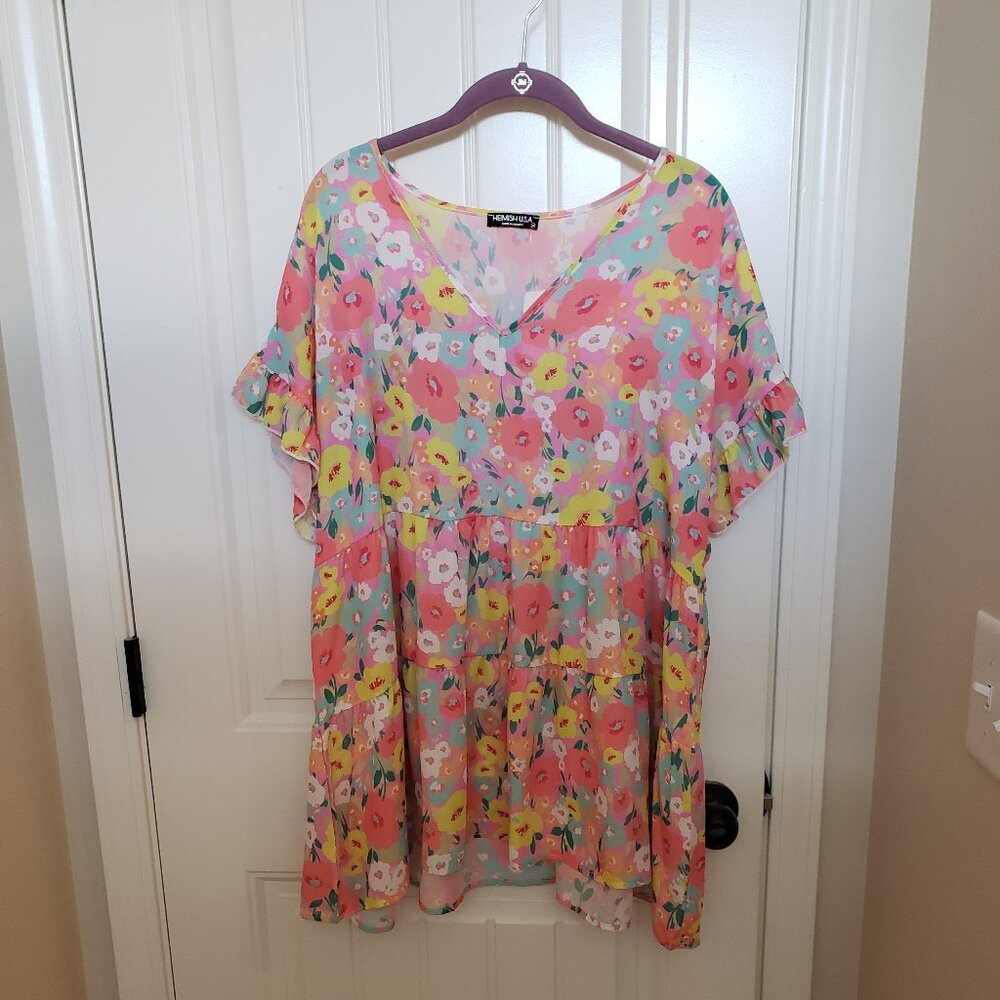 Heimish Pink Floral Tiered V-Neck Ruffle Short Sleeve Top 1X